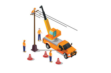 isometric installing electricity poles using heavy equipment, white background suitable for drawing books and related digital assets