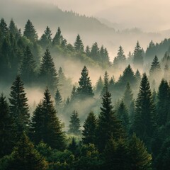 Fototapeta premium A serene forest scene shrouded in mist, featuring tall evergreen trees and layered mountain views, evoking a sense of calm and natural beauty.