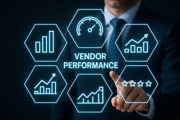 Businessman points to vendor performance metrics on screen