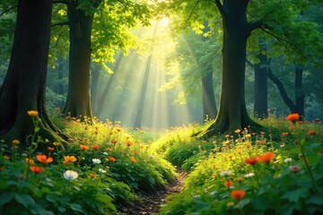 Fototapeta premium Sunlight dapples through the canopy of a lush green summer forest, illuminating a carpet of wildflowers and ferns A tranquil scene of vibrant summer nature , scenery, wildlife habitat, wild