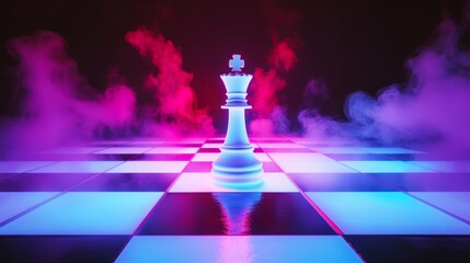 In a mystical environment, a chess king of grandeur stands alone on a glowing board, illuminated by a kaleidoscope of vibrant lights