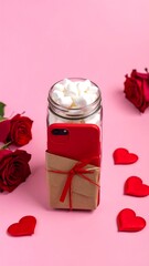 Red phone, marshmallows, and roses on pink