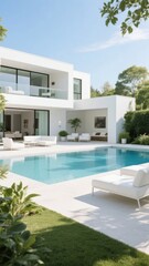 Modern white house with swimming pool and outdoor seating area in a sunny garden setting