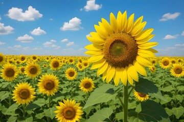 Obraz premium A bright sunflower stands tall in a vast field, basking in the sun under a clear blue sky with fluffy white clouds.