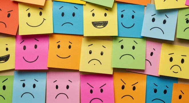 Vibrant sticky notes displaying an array of human emotions and expressions