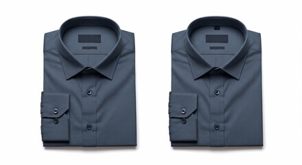 Two neatly folded dark blue men's dress shirts are presented on a clean white background.