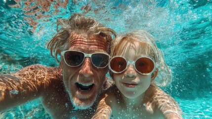 Fototapeta premium Father and son swimming underwater selfie in sunny ocean during summertime vacation near greece