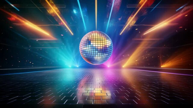 Disco ball illuminating a vibrant dance floor with confetti and energetic light rays