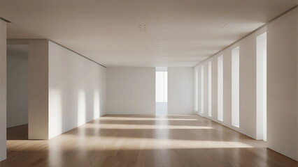 Obraz premium Bright and spacious empty room with white walls and wooden floor