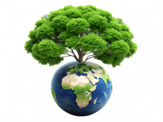 earth day tree on green earth isolated on white background. PNG. AI Generated.