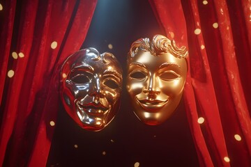 Dramatic Theater Masks on Red Curtains Representing Performance and Art