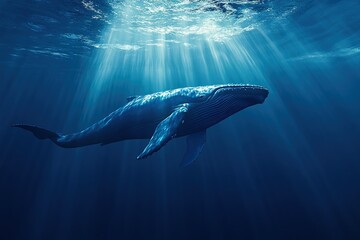 Naklejka premium A deep ocean scene with a giant blue whale swimming gracefully, light rays penetrating the water, serene and majestic