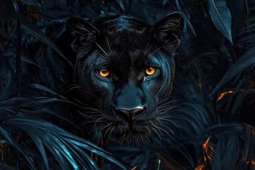 A black panther lurking in the moonlit jungle, eyes glowing in the darkness, mysterious and powerful