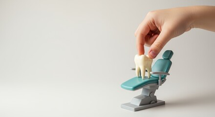 A hand gently places  tooth onto the examination area of diminutive, blue dental chair against an off-white backdrop, showing attention to care. Children’s dentistry concept.copy space