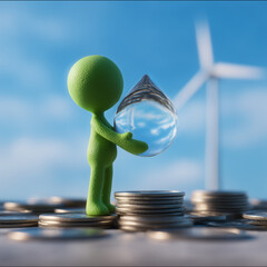 8. Green figure holding water droplet on coins with wind turbine, concept of sustainability and eco investment
