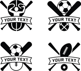 Set of four customizable sports emblems featuring crossed bats balls and placeholder text