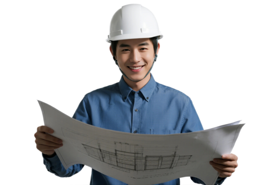 Male engineer wearing white helmet holding architectural plans