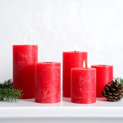 Red pillar candles on white shelf