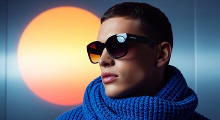 Style in Radiance: A stylish individual donning fashionable shades and a vibrant blue scarf, bathed in the warm glow of the setting sun, radiating modern elegance and confidence.