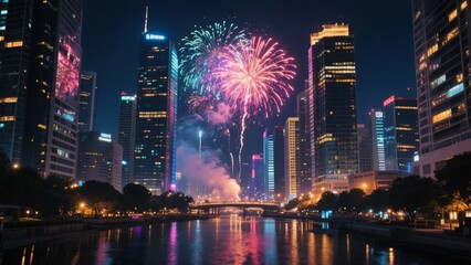 Fireworks explode over a city skyline at night, reflected in a river below.