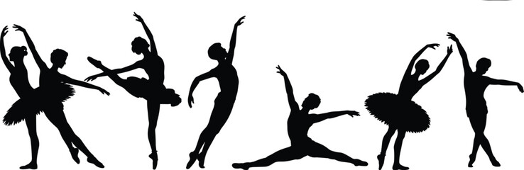 Graceful ballet dancers performing elegant poses, tutu skirts, pointe shoes, expressive movements, professional dance, artistic silhouette