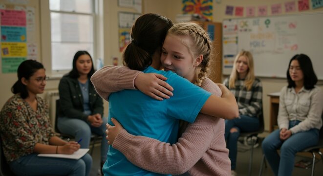 Two young women share a comforting embrace during a group therapy session, surrounded by peers.