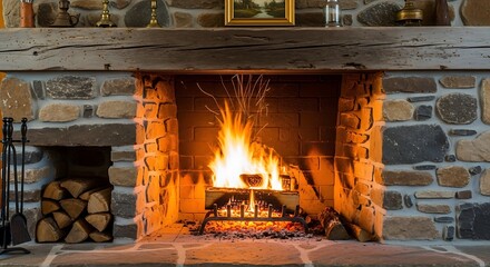 Cozy Fireplace with Burning Wood.