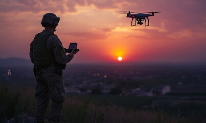 Silhouette of a soldier using drones for military reconnaissance or combat missions, illustrating the use of technology in modern defense operations, Generative AI