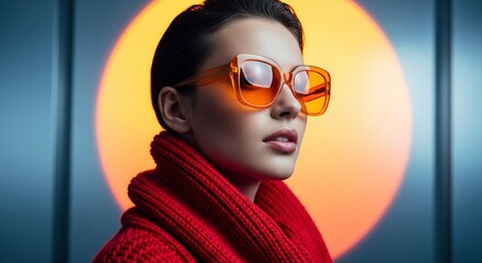 Radiant in Orange: A stylish individual dons striking orange sunglasses against a softly illuminated backdrop. The shot radiates warmth and allure. 