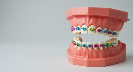 A dental  showcases complete set of teeth with colorful braces, demonstrating the orthodontic procedure aligning for more aesthetically pleasing smile. Children’s dentistry concept.copy space