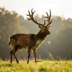 A majestic deer with large antlers standing on a green grassy field