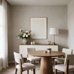Minimalist dining room with wooden table and white chairs