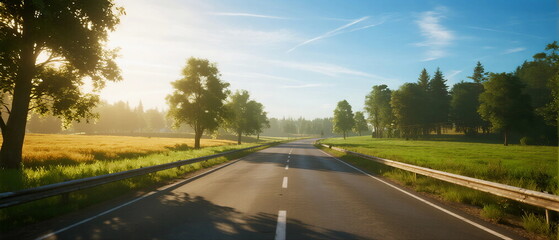 Sunlit country road surrounded by lush green fields and trees