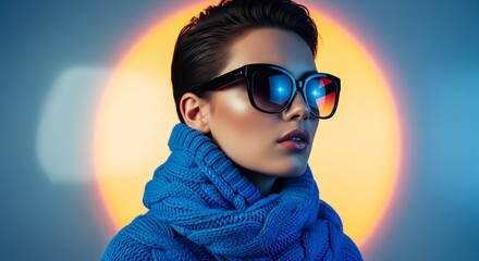 Stylish Visionary: A confident woman, adorned in fashionable sunglasses and a cozy sweater, exudes an air of forward-thinking, gazing into the future with stylish assurance.