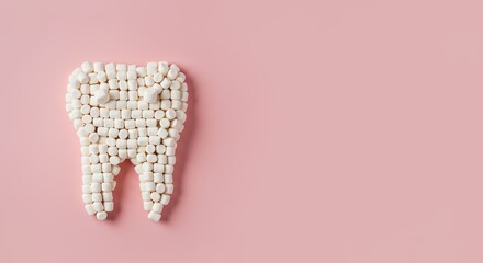 A tooth shape constructed from several marshmallows sits on pink background, contrasting oral health awareness with the sweetness of sugary treats. Children’s dentistry concept.copy space