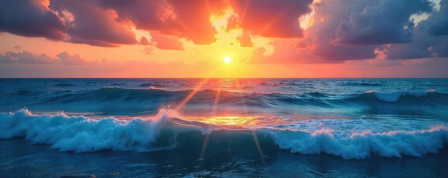 Vast expanse of deep blue ocean, waves gently rolling under a vibrant sunset sky Perfect for travel, nature, and serenity themes , holiday, travel - Powered by Adobe