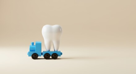A playful  presents large, healthy molar tooth being transported on small, bright blue toy train against , light beige background. Children’s dentistry concept.copy space