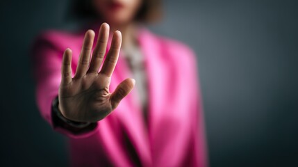 Confident businesswoman in pink blazer making a stop hand gesture against dark grey background, professional portrait symbolizing refusal, leadership, decision making and workplace authority