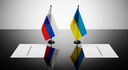 Diplomatic Accord: A symbolic image showcasing the flags of Russia and Ukraine positioned side by side, over blank documents ready for agreement. It depicts unity and cooperation.