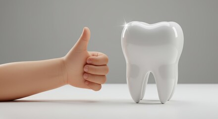 A child's hand gives thumbs-up gesture beside large, clean, and bright white molar on surface against simple grey background, endorsing good dental health. Children’s dentistry concept.