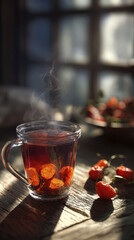 Steaming Cup of Korean Retinol Tea with Physalis Fruits on Rustic Wooden Table