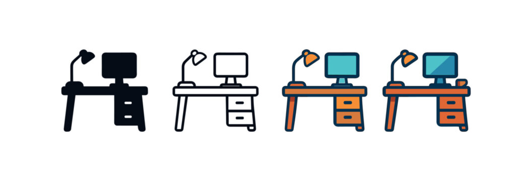 Vector icon business office desk same pose same proportions four styles black solid glyph outline minimal flat multicolor filled cartoon flat shaded.