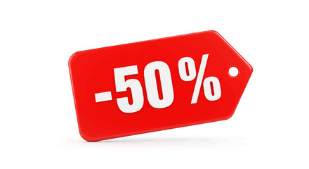A red price tag displays a white 50 graphic The tag has rounded edges and a hole on one end