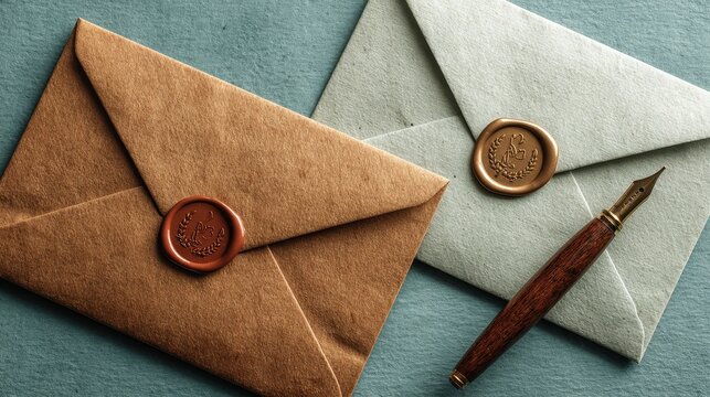 Vintage stationery featuring a brown paper envelope with a wax seal, green stamp and a wooden fountain pen on a teal background