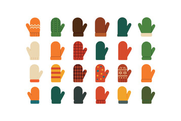 colorful flat vector icons Mittens (Types) wool mittens knit mittens felt mittens leather mittens fleece mittens fur mittens thin mittens thick mittens short mittens long mittens red.