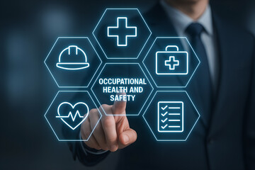Occupational Health and Safety Icons with Businessman Touching Screen