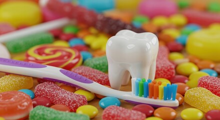 A large, healthy tooth stands behind colorful toothbrush, surrounded by an assortment of tempting candy, as if to remind one the importance dental hygiene. Children’s dentistry concept.