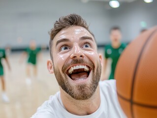 A joyful man with a basketball smiles enthusiastically, capturing a moment of excitement during a game, with teammates blurred in the background.