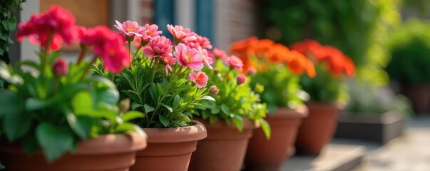 Obraz premium Blooming Spring Flowers in Terracotta Planter Add Natural Beauty to Your Home or Garden