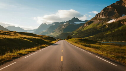 Naklejka premium Scenic road stretching through mountainous landscape under clear sky